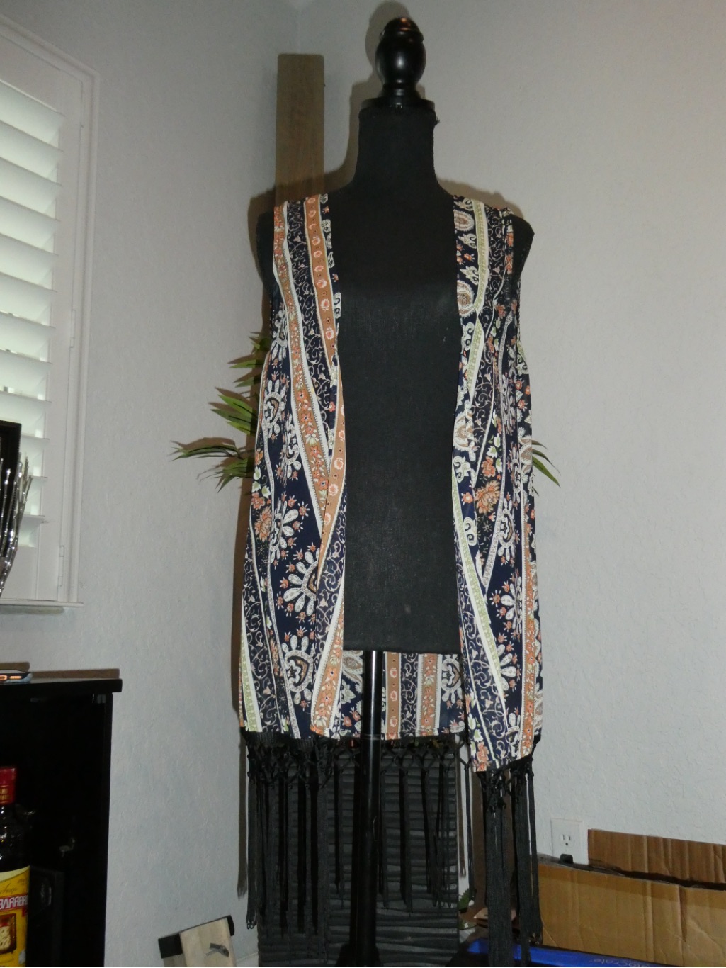 Earthbound Navy Blue Multi-Color Sleeveless Kimono Vest With Fringe